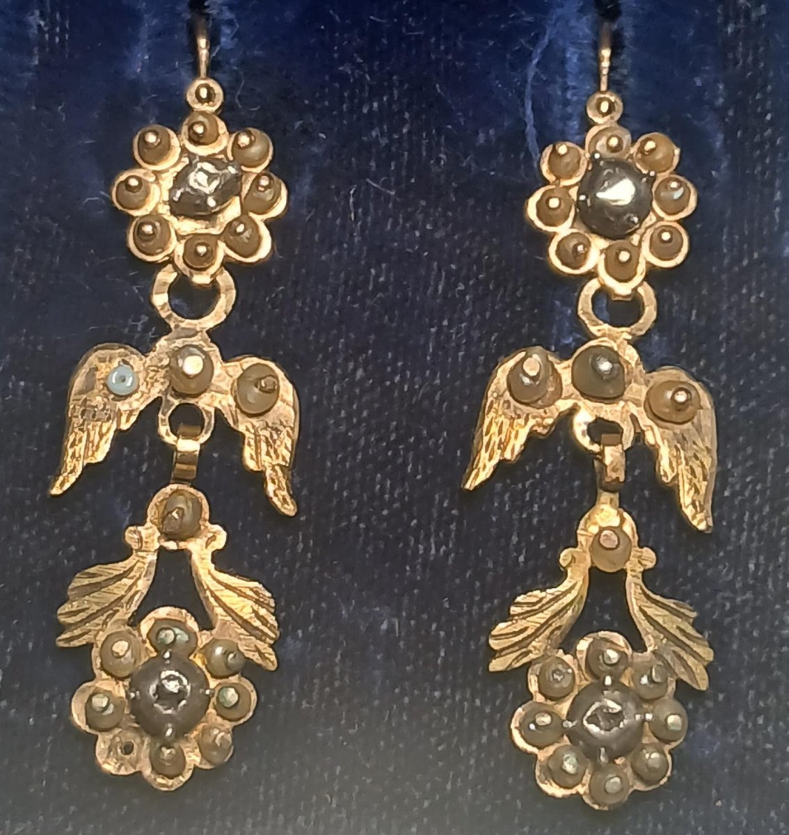  Sicilian Gold, Pearl, And Diamond Earrings. Three-piece Design From The 18th Century.-photo-3