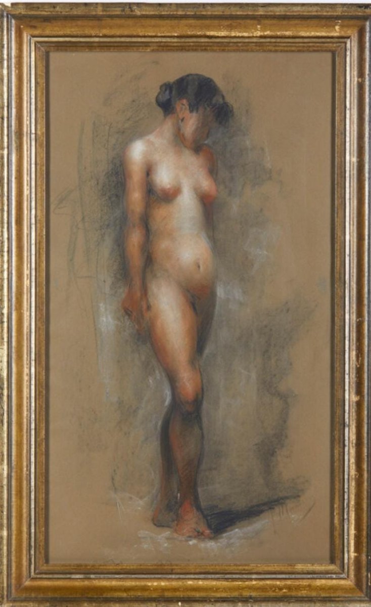 Francesco Paolo Michetti « Timidement nu » Technique mixte pastel et fusain sur carton. -photo-2