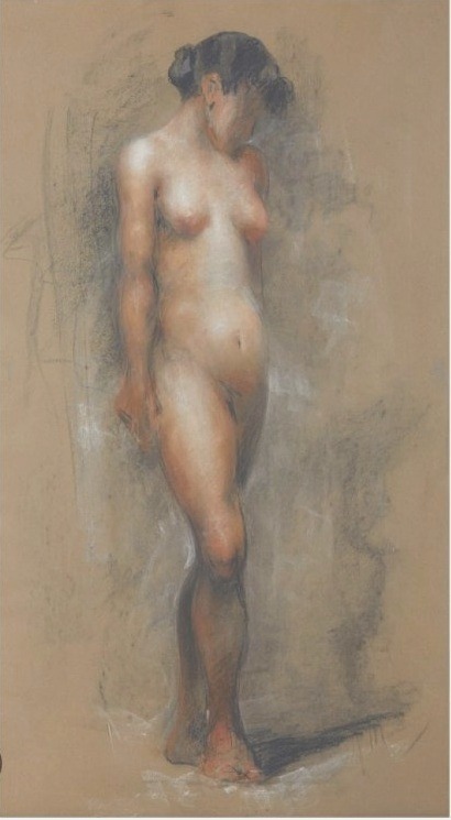 Francesco Paolo Michetti « Timidement nu » Technique mixte pastel et fusain sur carton. 