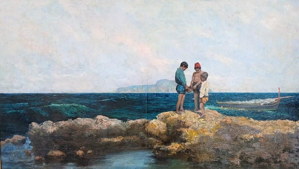 Michele Cortegiani (artist) “little Fishermen Among The Rocks,” Oil On Canvas, 80x140 Cm.-photo-2