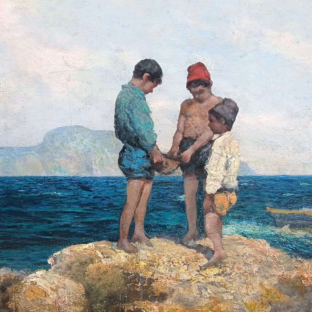 Michele Cortegiani (artist) “little Fishermen Among The Rocks,” Oil On Canvas, 80x140 Cm.-photo-3
