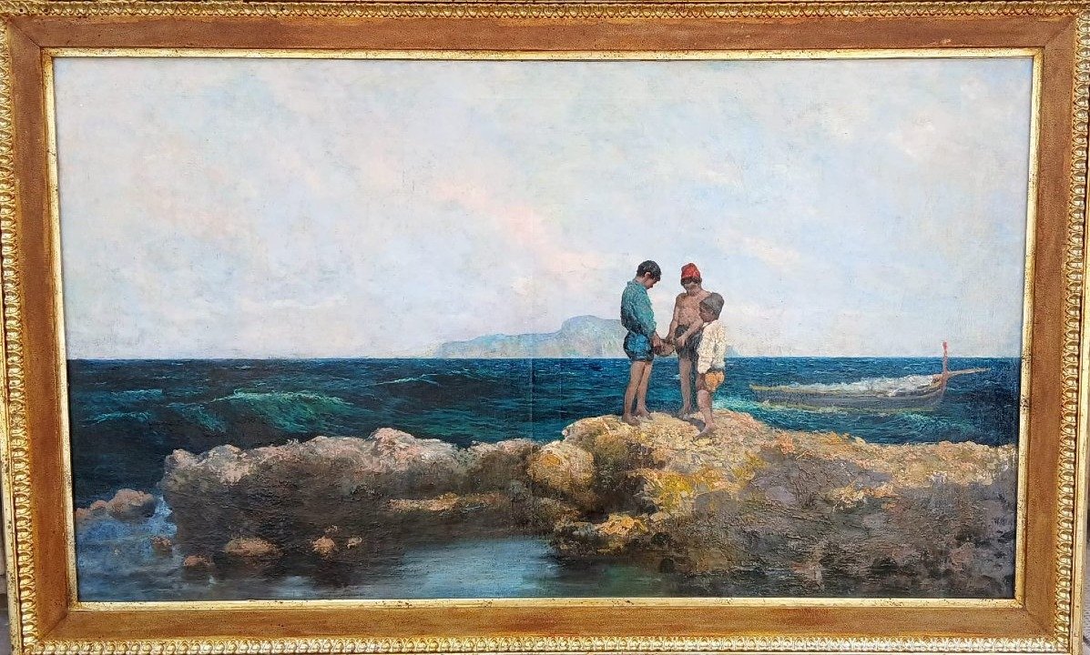 Michele Cortegiani (artist) “little Fishermen Among The Rocks,” Oil On Canvas, 80x140 Cm.