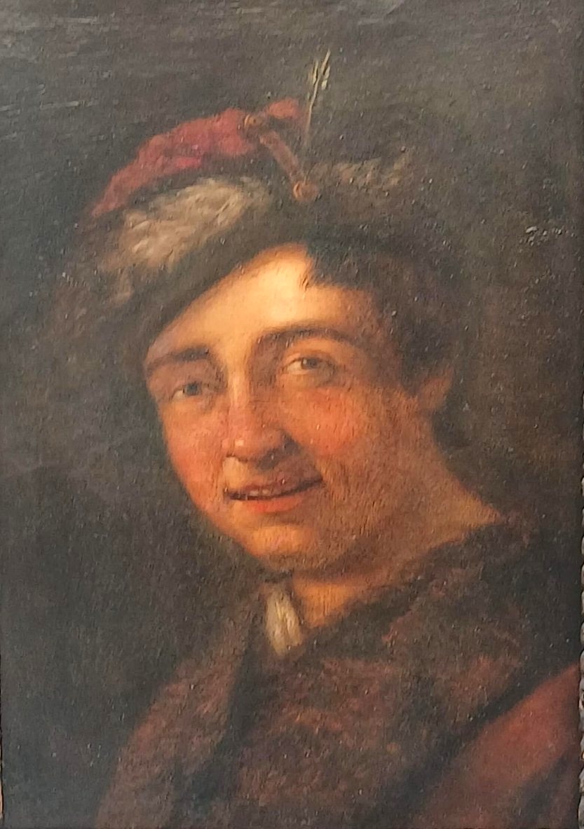 Antonio Amorosi, « Jeune homme au chapeau à plumes », 32 x 23 cm, avec cadre sculpté d'époque. -photo-2