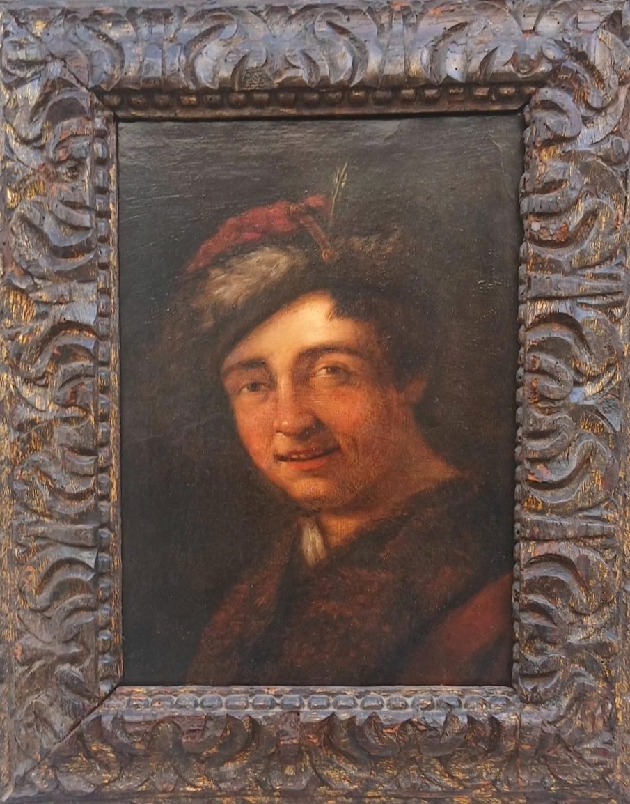 Antonio Amorosi, « Jeune homme au chapeau à plumes », 32 x 23 cm, avec cadre sculpté d'époque. 