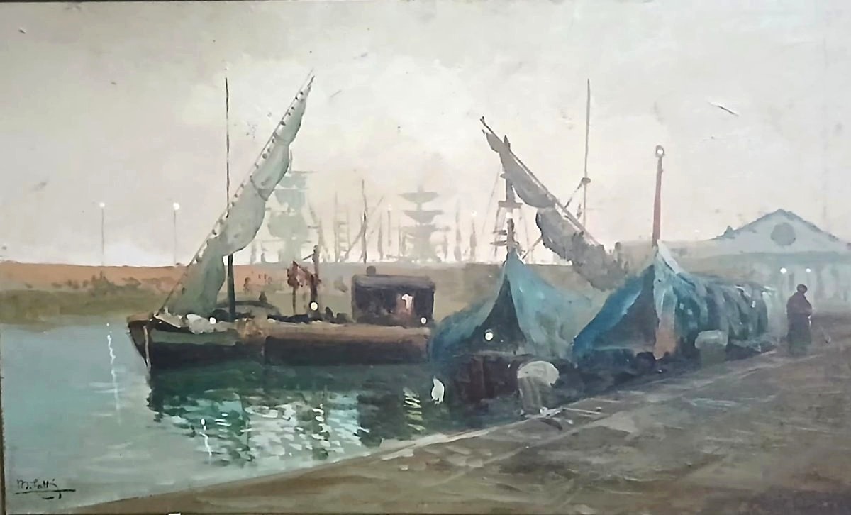Michele Catti « Brouillard au port de Catane » Huile sur panneau 30x60 cm avec cadre d'origine -photo-2