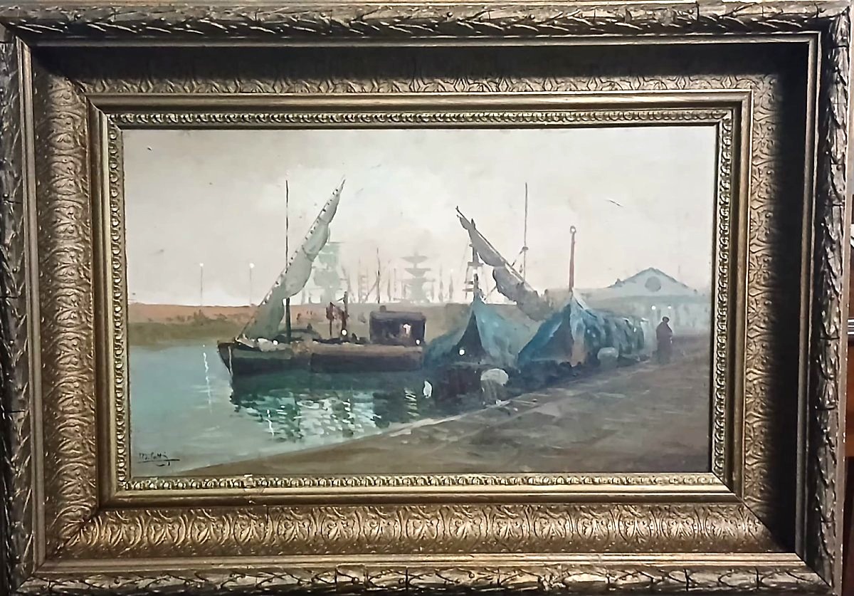 Michele Catti « Brouillard au port de Catane » Huile sur panneau 30x60 cm avec cadre d'origine 
