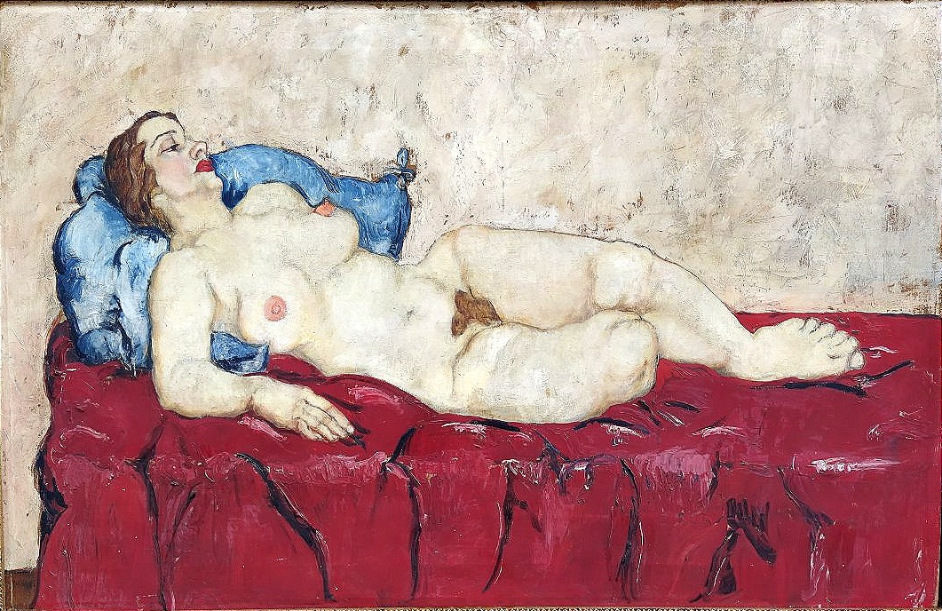 'Nu de Wally Neuzil sur canapé rouge'. Huile sur toile 70x100-photo-2