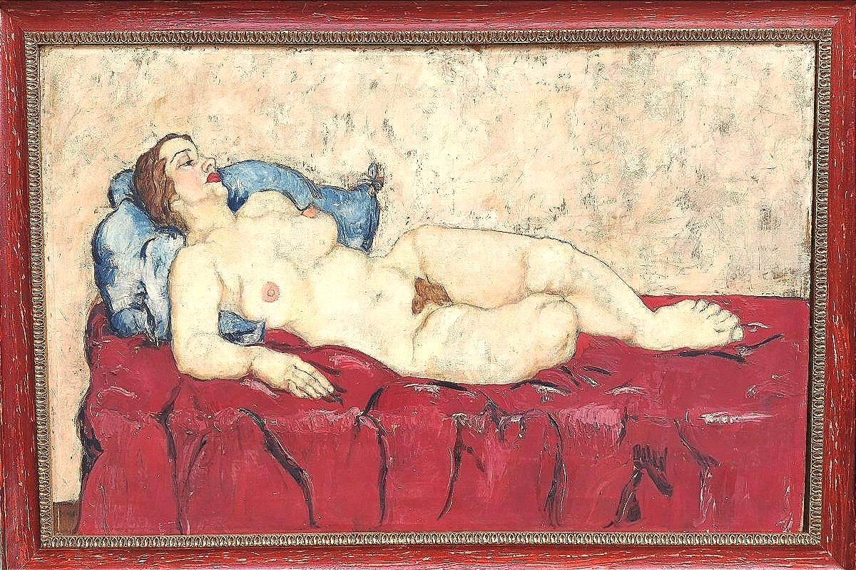 Nude Of Wally Neuzil On A Red Sofa.oil On Canvas, 70 X 100 Cm,austrian Expressionist,  1915  -photo-3