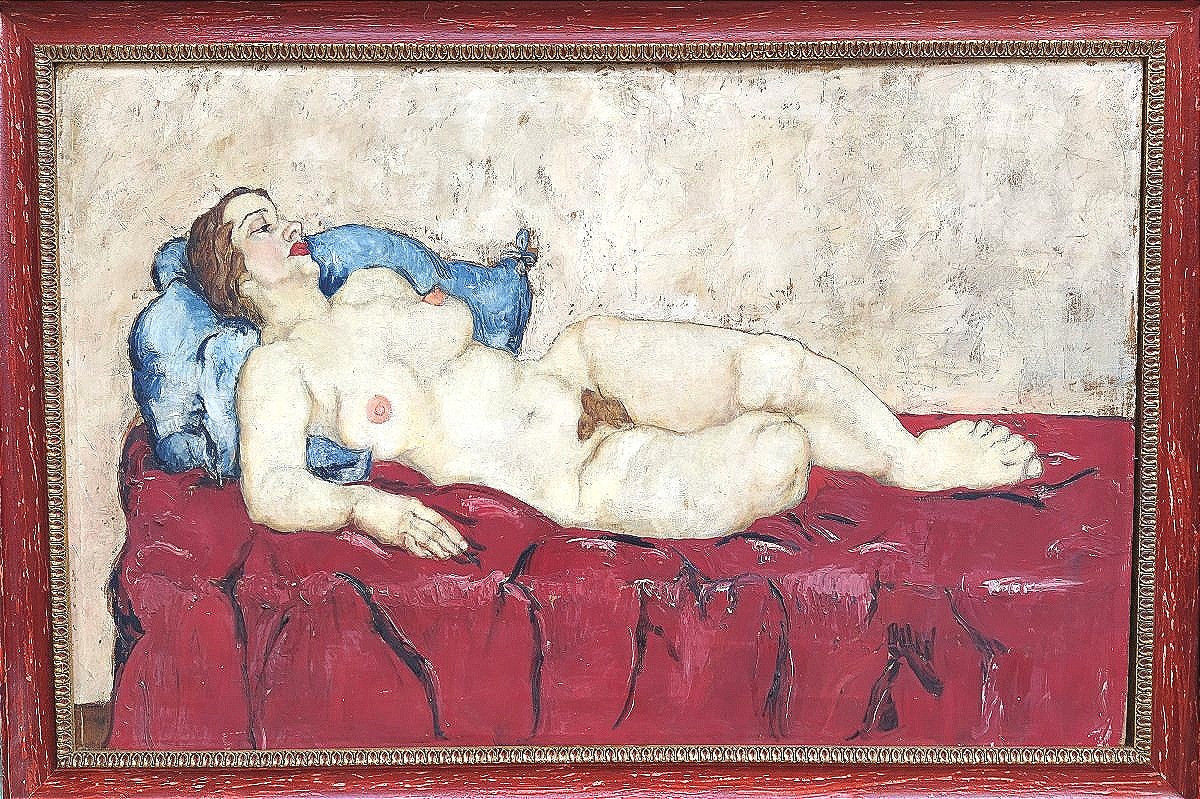 'Nu de Wally Neuzil sur canapé rouge'. Huile sur toile 70x100