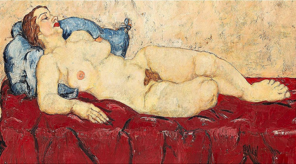 Nude Of Wally Neuzil On A Red Sofa.oil On Canvas, 70 X 100 Cm,austrian Expressionist,  1915  