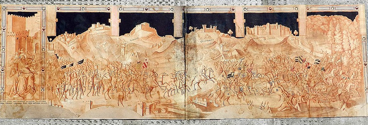 La bataille de Val di Chiana. Croquis à l'échelle à l'encre et à la tempera, XIVe siècle. 