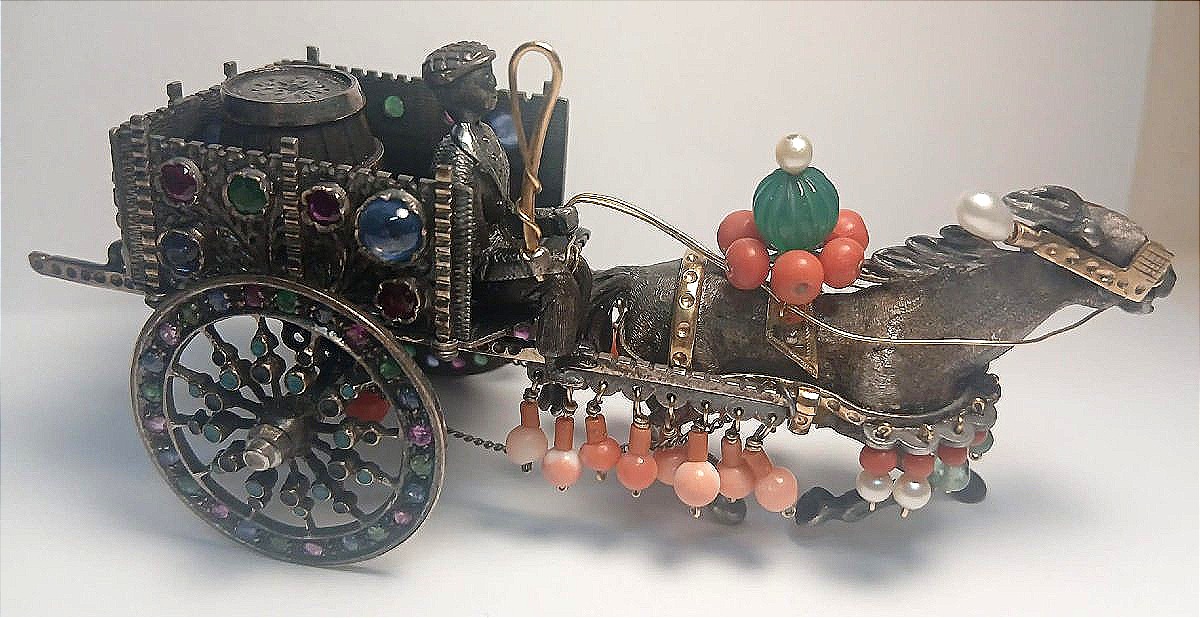 La charrette sicilienne. Un chef-d'œuvre miniature en argent, or, pierres précieuses, diamant-photo-2
