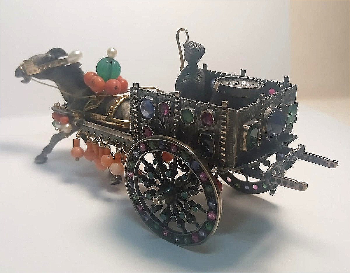 La charrette sicilienne. Un chef-d'œuvre miniature en argent, or, pierres précieuses, diamant-photo-3