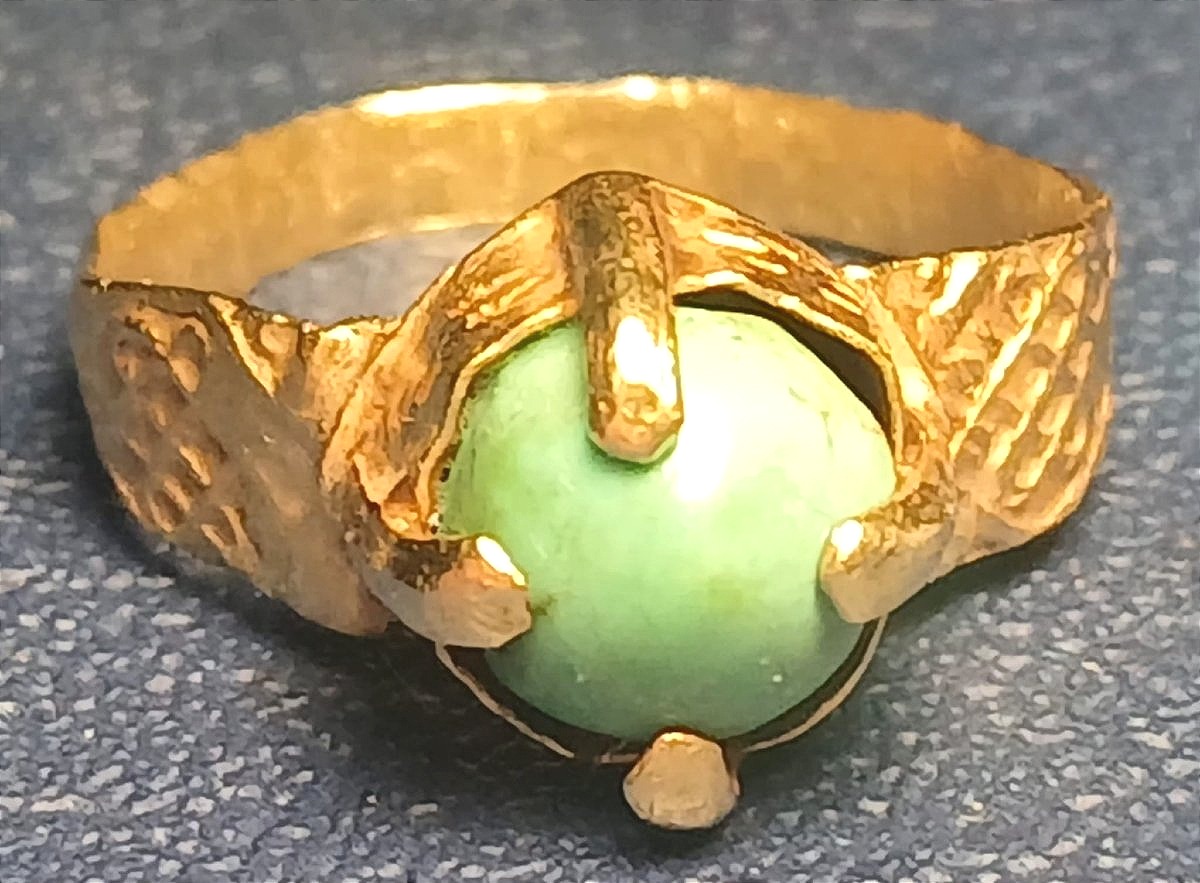 Medieval Cylindrical Ring In Chased Gold And Natural Turquoise. 12th/14th Century.-photo-2