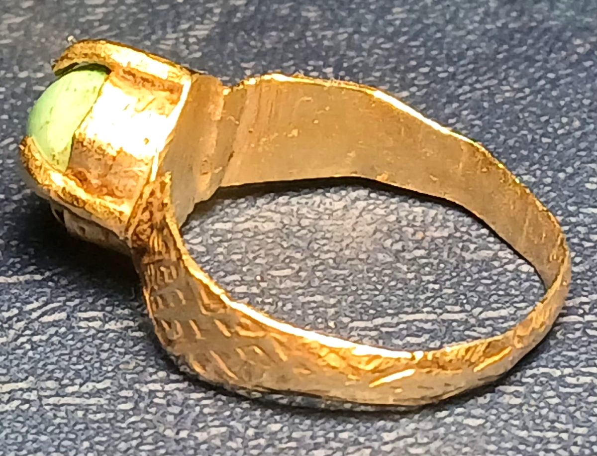 Medieval Cylindrical Ring In Chased Gold And Natural Turquoise. 12th/14th Century.-photo-3