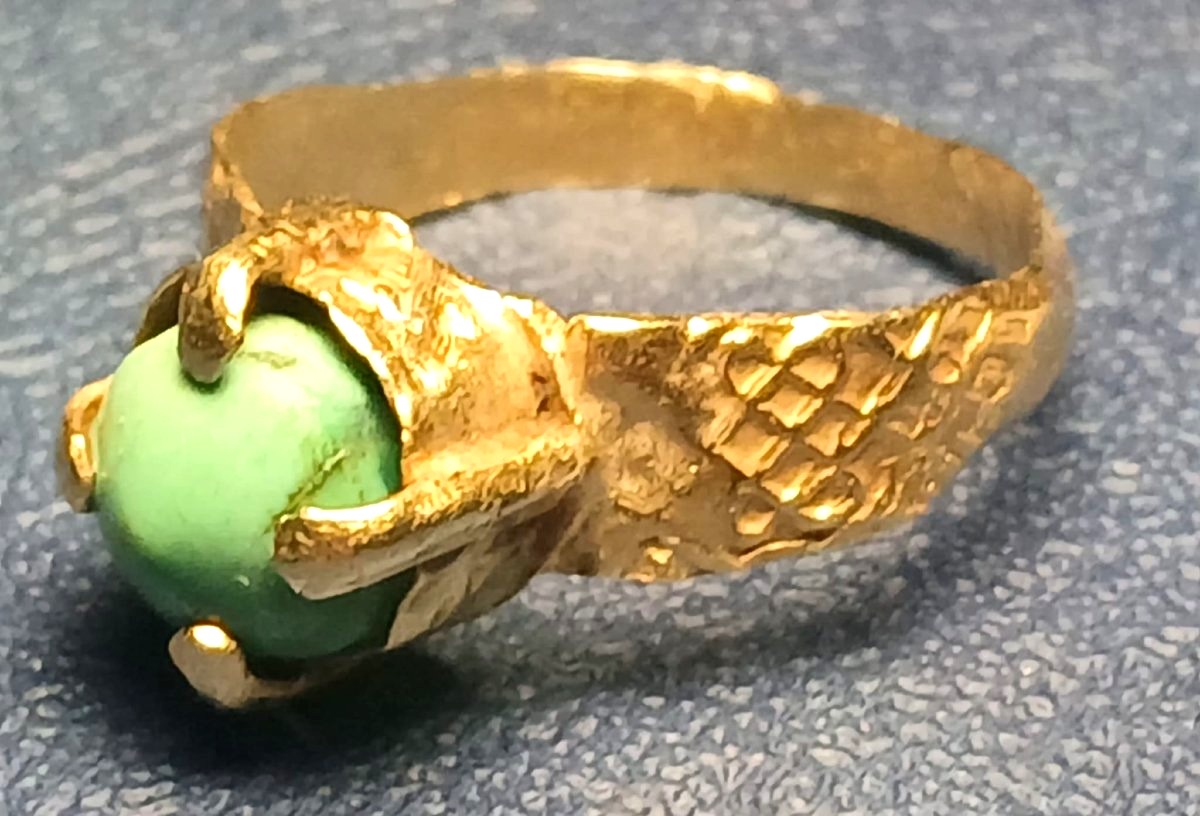 Medieval Cylindrical Ring In Chased Gold And Natural Turquoise. 12th/14th Century.-photo-4