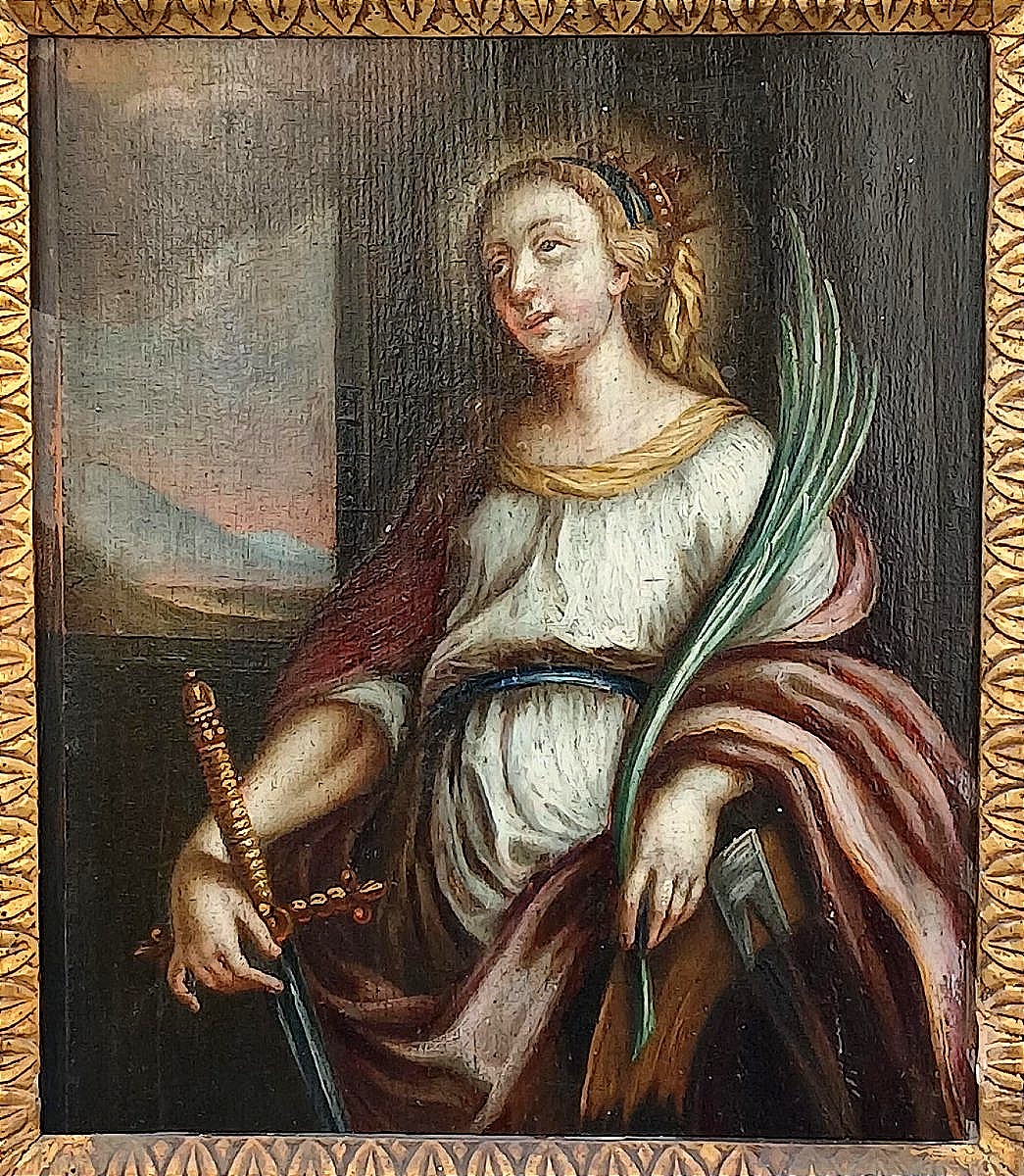 Sainte Catherine d'Alexandrie. Huile sur panneau de sapin, école italienne de la fin du XVIe s 