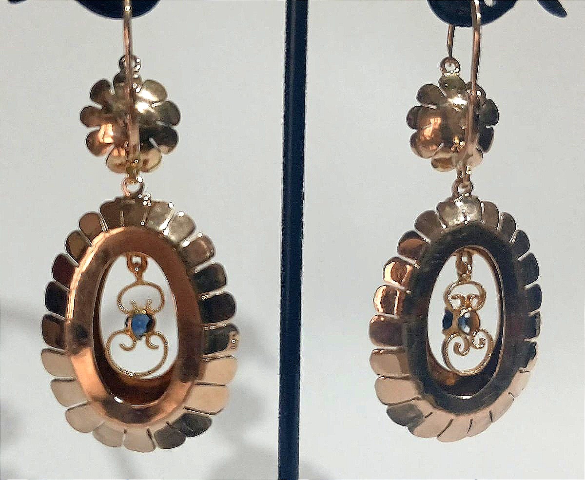 Orecchini Liberty scaramantici a campanello in oro con brillanti e zaffiri. Sicilia inizi 900-photo-4