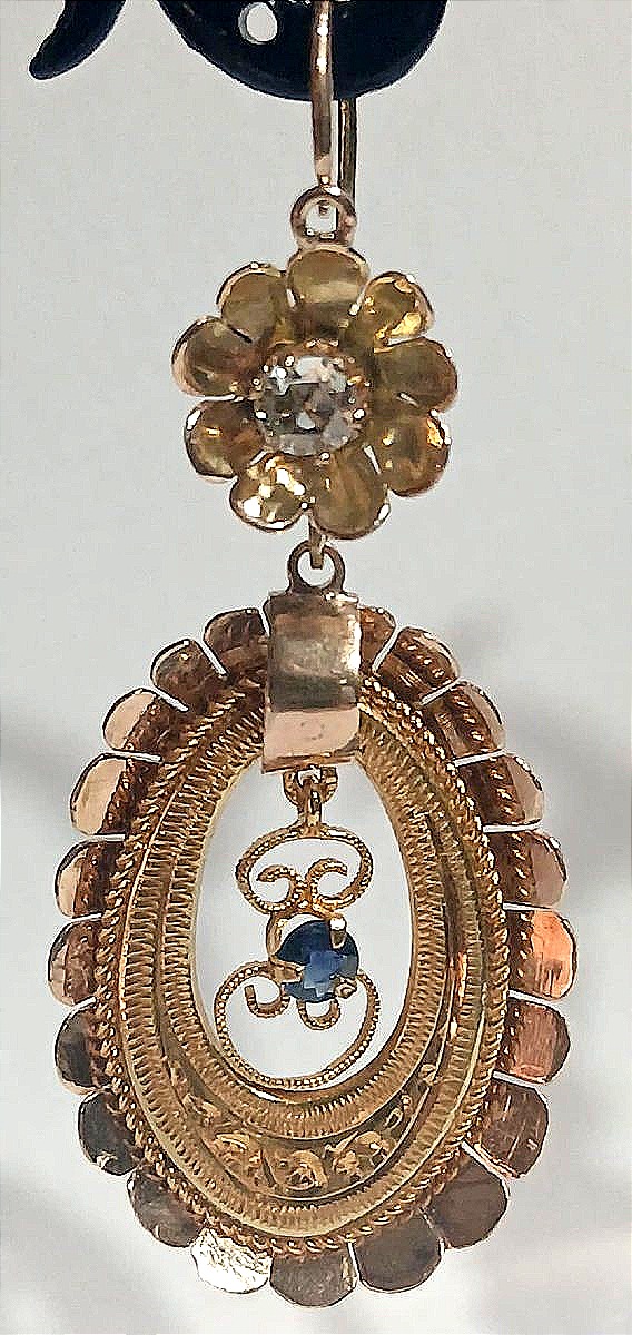 Orecchini Liberty scaramantici a campanello in oro con brillanti e zaffiri. Sicilia inizi 900-photo-2