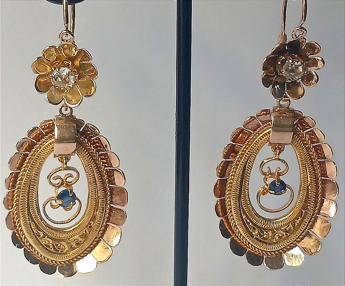 Orecchini Liberty scaramantici a campanello in oro con brillanti e zaffiri. Sicilia inizi 900-photo-3