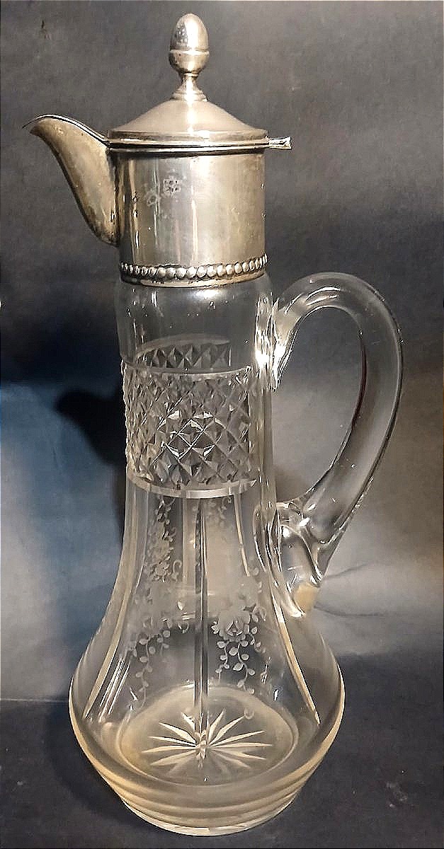 Pair Of Crystal Pourers Engraved And Decorated With Floral Motifs And Silver Structure.-photo-2