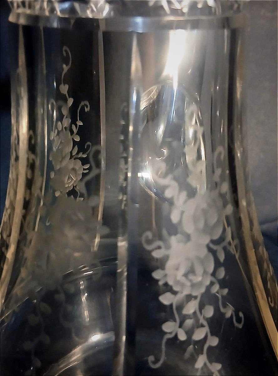 Pair Of Crystal Pourers Engraved And Decorated With Floral Motifs And Silver Structure.-photo-4