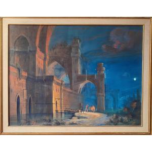  "duel In The Moonlight". Tempera On Cardboard Attributable To Ippolito Caffi