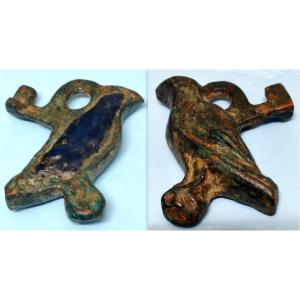 Amulet-pendant Key From A Casket, In Dark Green Enamelled Bronze, Depicting A Falcon (horus)