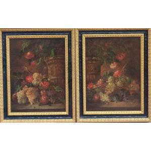 Pair Of Still Lifes With Vases, Flowers And Fruit