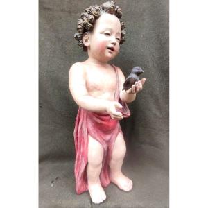 Antonio Begarelli - « Saint Jean-Baptiste enfant à l'oiseau » Terre cuite polychrome. 
