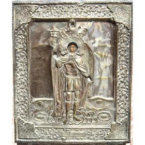 Saint Michael. Russian Icon With A Finely Chiseled And Gilded Silver Riza. Moscow, 1880.