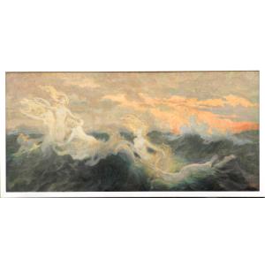 Walter Crane, « La Danse des Sirènes », huile sur toile, signée W.C., 100 x 200 cm. ( Volée ) 