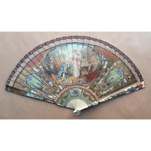 Vernis Martin Fan Decorated With A Court Scene In A Polychrome Setting With Reserves.