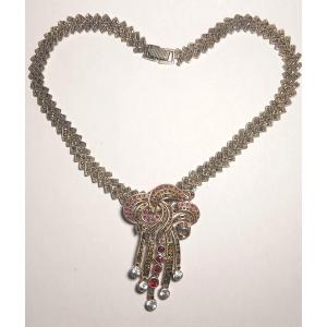 Baroque Sterling Silver Necklace With Synthetic Garnet And Marcasite Diamonds.