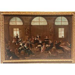 'Ricreazione in Convento' Olio su tela, scuola ligure del Magnasco di  fine 600'. Cornice coeva