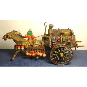 Exquisite "sicilian Cart"  In Silver And Gold, Set With Emeralds, Rubies, Sapphires, Coral 