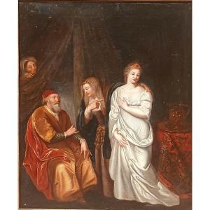 « Sarah conduit Agar à Abraham » - École flamande du début du XVIIIe siècle (60 x 52 cm) 