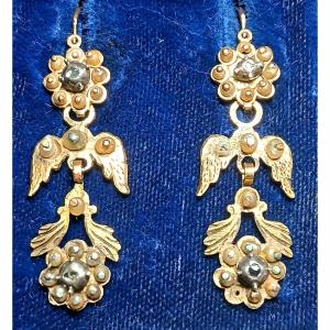 Sicilian Gold, Pearl, And Diamond Earrings. Three-piece Design From The 18th Century.