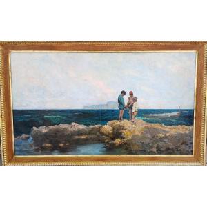Michele Cortegiani (attr) Pêcheurs parmi les rochers' Huile sur toile 80/140. Palermo, 1857-28
