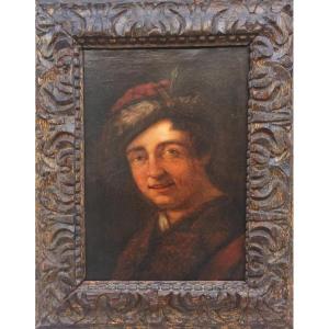 Antonio Amorosi, « Jeune homme au chapeau à plumes », 32 x 23 cm, avec cadre sculpté d'époque. 