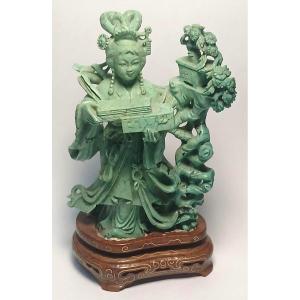 Turquoise Sculpture Representing A Guanyin At The Poitrine Ouverte. Pékin, Late 19th Century