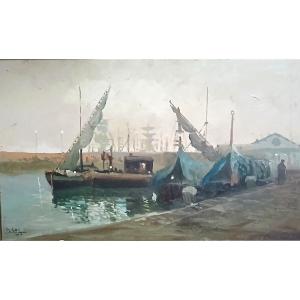Michele Catti, “fog At The Port Of Catania,” Oil On Panel, 30x60 Cm, With Original Frame.