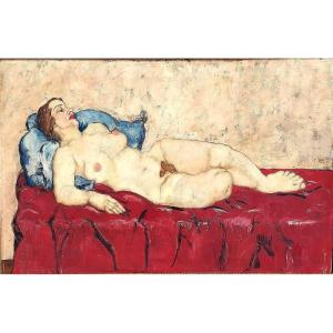 Nude Of Wally Neuzil On A Red Sofa.oil On Canvas, 70 X 100 Cm,austrian Expressionist, 1915