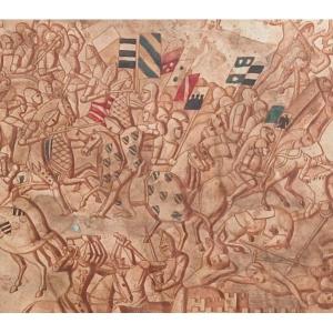 La bataille de Val di Chiana. Croquis à l'échelle à l'encre et à la tempera, XIVe siècle.