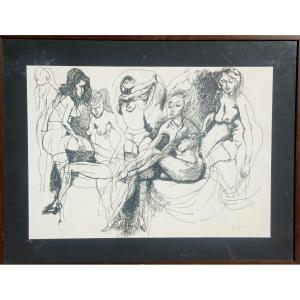 Renato Guttuso - 'Marta Marzotto dans différentes poses.' Dessin à l'encre sur papier, 50 x 70 