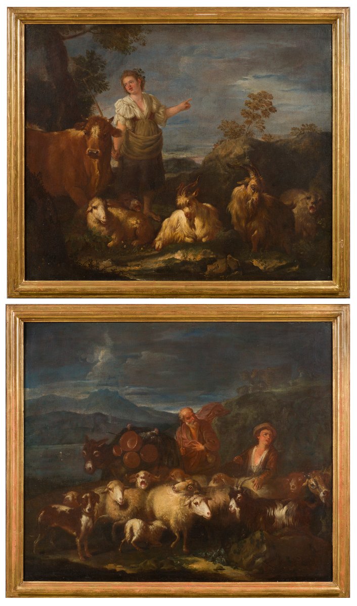 Antonio Beccadelli (Bologna,1718-1803)  Coppia di paesaggi con pastori ed armenti