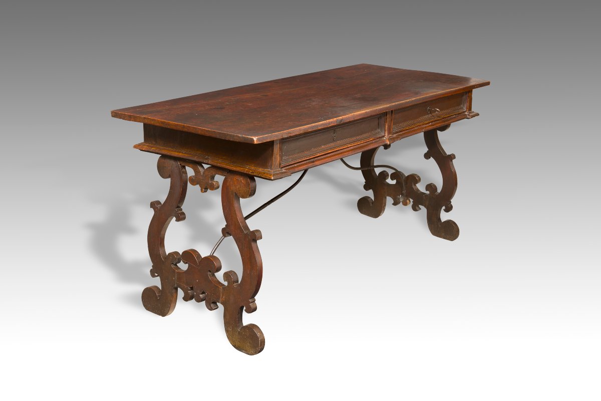 Large Walnut Refectory Desk. Florence, 17th Century.