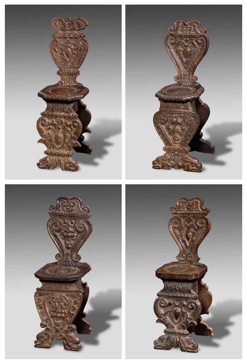 Rare Set Of  Four Different Richly  Carved Walnut Stools  Tuscany-umbria, 16th Century-photo-2