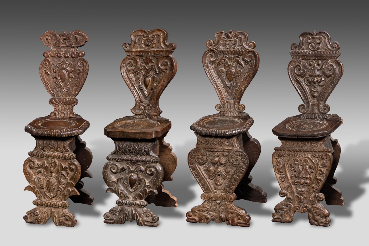 Rare Set Of  Four Different Richly  Carved Walnut Stools  Tuscany-umbria, 16th Century