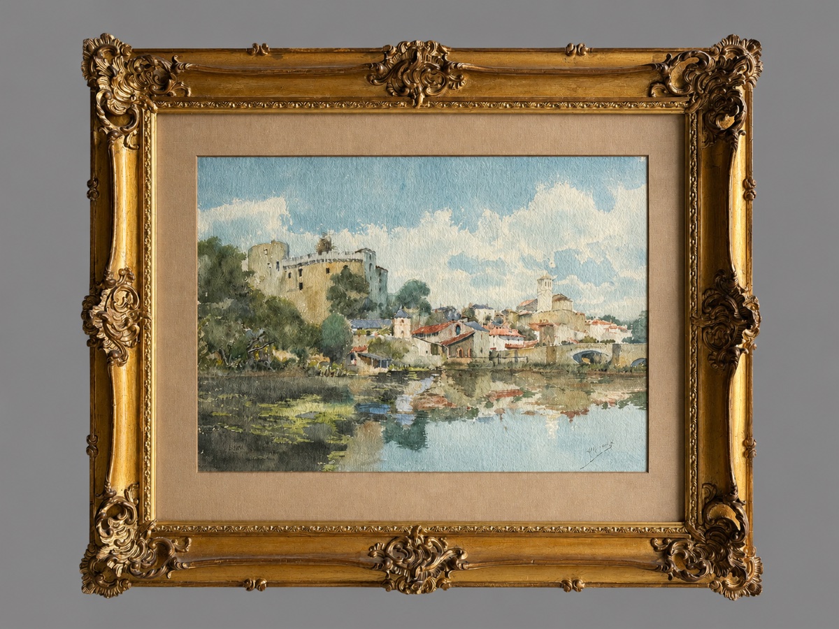 L. Deschamps "Vue de Clisson"  Aquarelle 